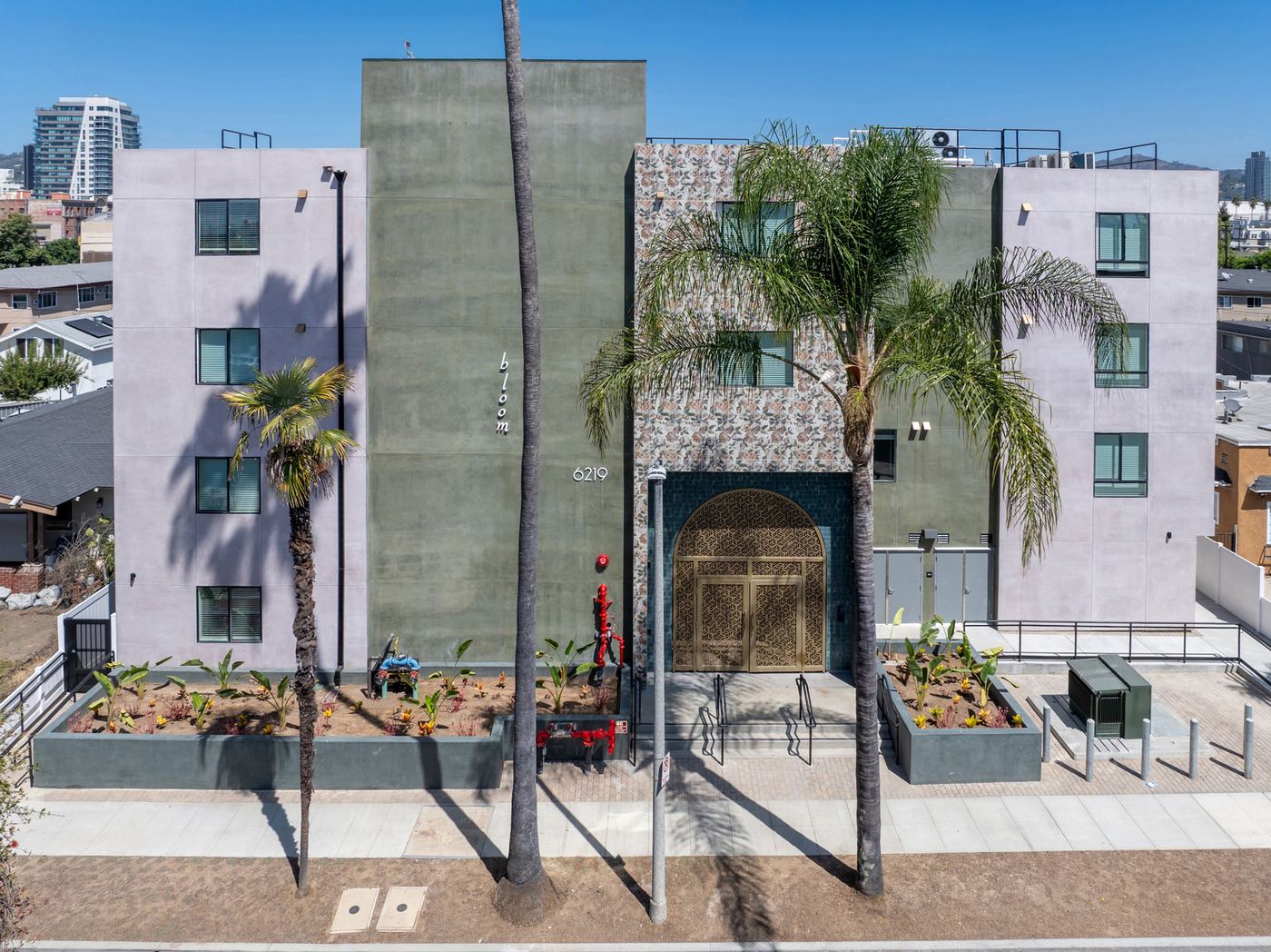 The building seen from above the street in daylight, showing the full front, the palm trees and the planted front yard.